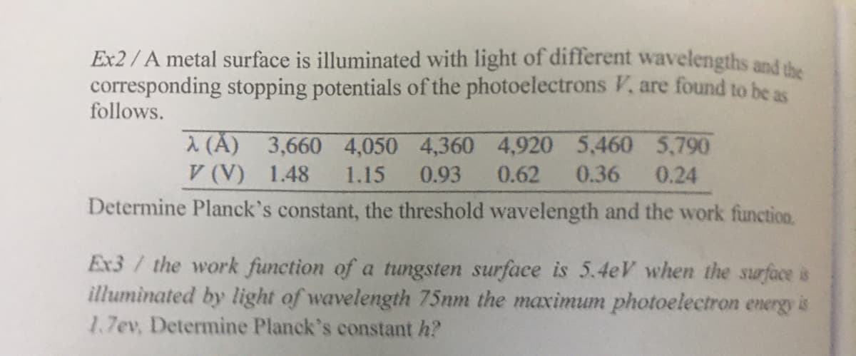 Ex2/A metal surface is illuminated with light of different wavelengths and the
corresponding stopping potentials of the photoelectrons V, are found to be as
follows.
1 (A) 3,660 4,050 4,360 4,920 5,460 5,790
V (V) 1.48
1.15
0.93
0.62
0.36
0.24
Determine Planck's constant, the threshold wavelength and the work function.
Ex3 / the work function of a tungsten surface is 5.4eV when the surface is
illuminated by light of wavelength 75nm the maximum photoelectron energy is
1.7ev, Determine Planck's constant h?
