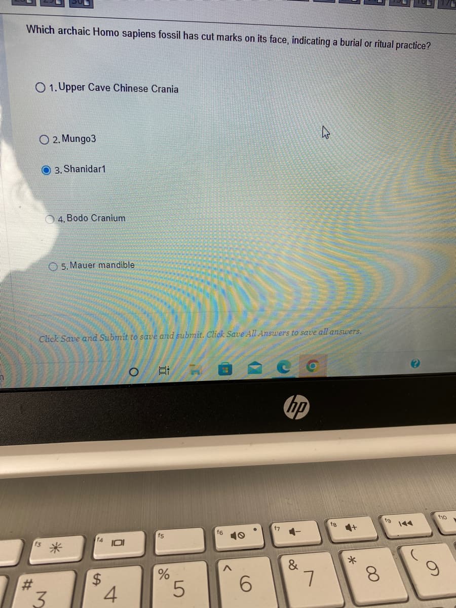 Which archaic Homo sapiens fossil has cut marks on its face, indicating a burial or ritual practice?
O 1. Upper Cave Chinese Crania
2. Mungo3
3. Shanidar1
4, Bodo Cranium
5. Mauer mandible
Click Save and Submit to save and submit. Click Save All Answers to save all answers.
hp
#
3
14 IOI
SA
4
O
DI
f5
%
5
f6
10
6
f7
+
&
7
fg
+
*
8
fg
2
f10