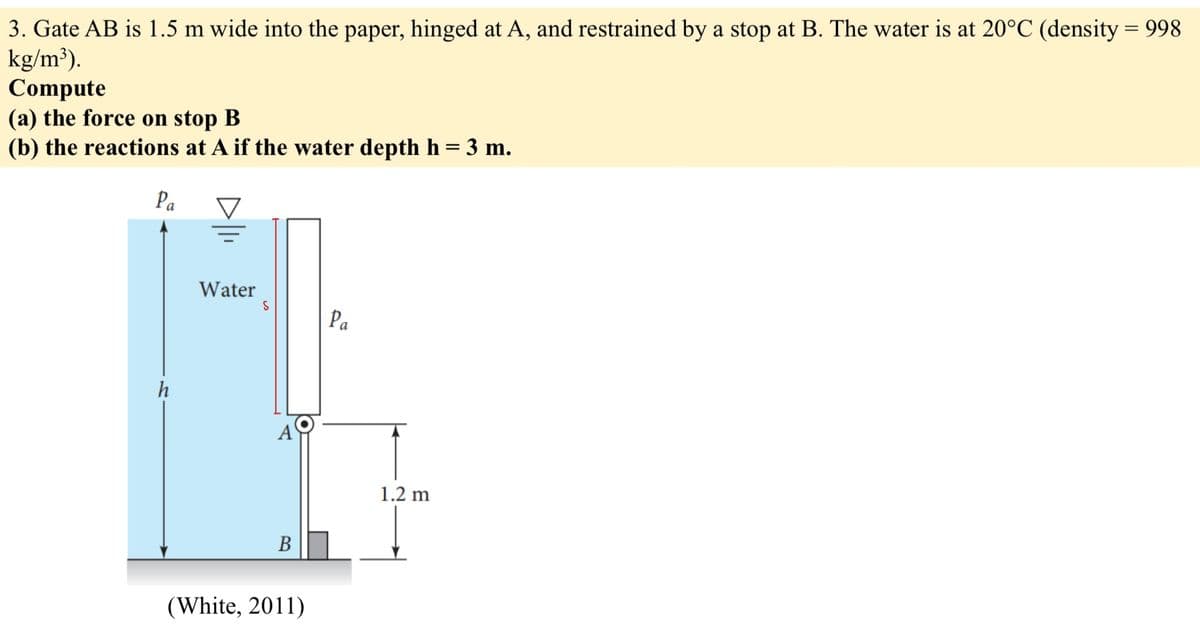 3. Gate AB is 1.5 m wide into the paper, hinged at A, and restrained by a stop at B. The water is at 20°C (density = 998
kg/m³).
Compute
(a) the force on stop B
(b) the reactions at A if the water depth h = 3 m.
V
h
Water
S
B
(White, 2011)
Pa
1.2 m