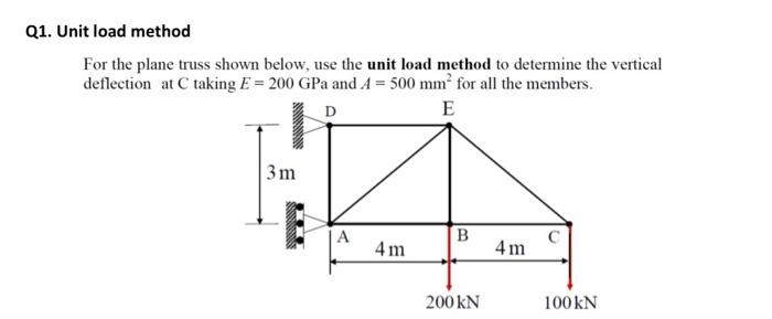 Q1. Unit load method
For the plane truss shown below, use the unit load method to determine the vertical
deflection at C taking E= 200 GPa and A = 500 mm² for all the members.
D
E
wwwwwwwwww
3m
E
A
4m
B
200 kN
4m
100 KN