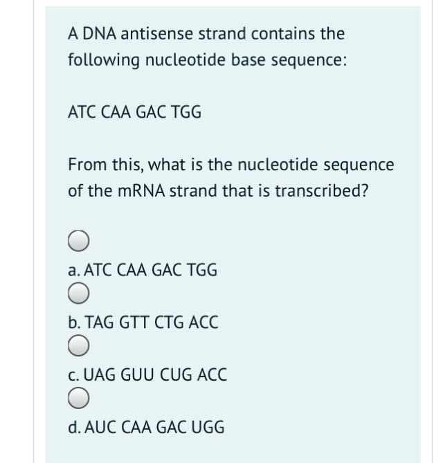 A DNA antisense strand contains the
following nucleotide base sequence:
ATC CAA GAC TGG
From this, what is the nucleotide sequence
of the MRNA strand that is transcribed?
a. ATC CAA GÁC TGG
b. TAG GTT CTG ACC
c. UAG GUU CUG ACC
d. AUC CAA GÁC UGG
