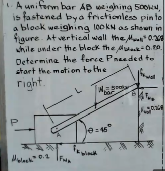 1.A uniform bar AB weighing 500KN,
is fastened bya frictionless pin to
a block weighing l00kN as shown in
figure. At vertical wall the Muan- 0.268
while under the block theMblock=0.20,
Determine the force Pneeded to
start the motion to the
right.
wall
W= 500KM
bar
e = 45°
Molock= 0.2
TE kblock
FNA
