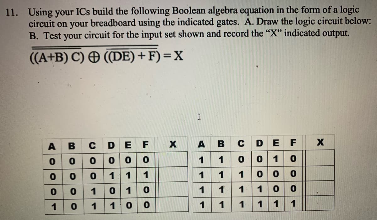 11. Using your ICs build the following Boolean algebra equation in the form of a logic
circuit on your breadboard using the indicated gates. A. Draw the logic circuit below:
B. Test your circuit for the input set shown and record the "X" indicated output.
((A+B) C) O ((DE) + F) = X
CDE F
0000 00
11
C DE F
0 0 10
0 00
A B
A
1
1
1
1
1
1
1
0 1
1
1
100
1
1
10
1
1
1
1 1 1
