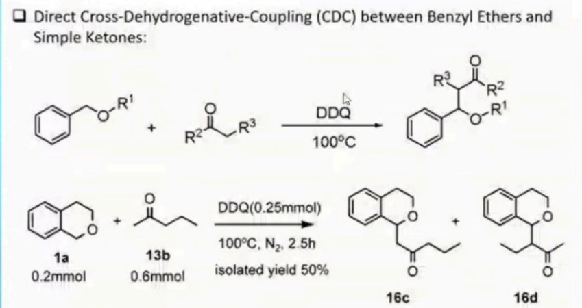 Direct Cross-Dehydrogenative-Coupling (CDC) between Benzyl Ethers and
Simple Ketones:
DDQ
O-RI
100°C
DDQ(0.25mmol)
100°C, N2. 2.5h
1a
13b
0.2mmol
0.6mmol
isolated yield 50%
16c
16d
