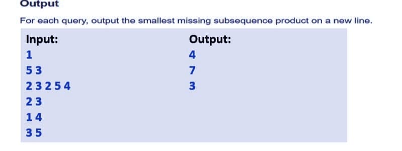 Output
For each query, output the smallest missing subsequence product on a new line.
Input:
1
53
23254
23
14
35
Output:
4
7
3