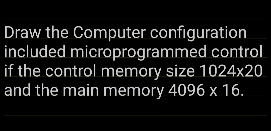 Draw the Computer configuration
included microprogrammed control
if the control memory size 1024x20
and the main memory 4096 x 16.
