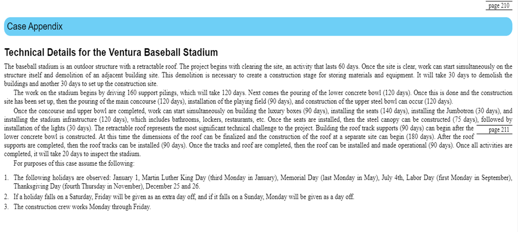 page 210
Case Appendix
Technical Details for the Ventura Baseball Stadium
The baseball stadium is an outdoor structure with a retractable roof. The project begins with clearing the site, an activity that lasts 60 days. Once the site is clear, work can start simultaneously on the
structure itself and demolition of an adjacent building site. This demolition is necessary to create a construction stage for storing materials and equipment. It will take 30 days to demolish the
buildings and another 30 days to set up the construction site.
The work on the stadium begins by driving 160 support pilings, which will take 120 days. Next comes the pouring of the lower concrete bowl (120 days). Once this is done and the construction
site has been set up, then the pouring of the main concourse (120 days), installation of the playing field (90 days), and construction of the upper steel bowl can occur (120 days).
Once the concourse and upper bowl are completed, work can start simultaneously on building the luxury boxes (90 days), installing the seats (140 days), installing the Jumbotron (30 days), and
installing the stadium infrastructure (120 days), which includes bathrooms, lockers, restaurants, etc. Once the seats are installed, then the steel canopy can be constructed (75 days), followed by
installation of the lights (30 days). The retractable roof represents the most significant technical challenge to the project. Building the roof track supports (90 days) can begin after the
lower concrete bowl is constructed. At this time the dimensions of the roof can be finalized and the construction of the roof at a separate site can begin (180 days). After the roof
supports are completed, then the roof tracks can be installed (90 days). Once the tracks and roof are completed, then the roof can be installed and made operational (90 days). Once all activities are
completed, it will take 20 days to inspect the stadium.
For purposes of this case assume the following:
page 211
1. The following holidays are observed: January 1, Martin Luther King Day (third Monday in January), Memorial Day (last Monday in May), July 4th, Labor Day (first Monday in September),
Thanksgiving Day (fourth Thursday in November), December 25 and 26.
2. Ifa holiday falls on a Saturday, Friday will be given as an extra day off, and if it falls on a Sunday, Monday will be given as a day off.
3. The construction crew works Monday through Friday.
lel
