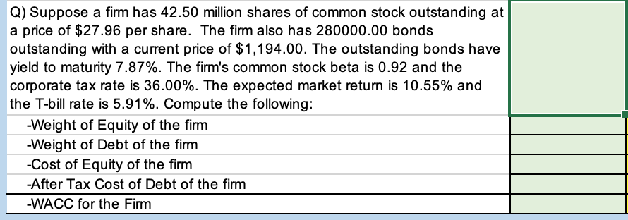 Q) Suppose a firm has 42.50 million shares of common stock outstanding at
a price of $27.96 per share. The firm also has 280000.00 bonds
outstanding with a current price of $1,194.00. The outstanding bonds have
yield to maturity 7.87%. The firm's common stock beta is 0.92 and the
corporate tax rate is 36.00%. The expected market return is 10.55% and
the T-bill rate is 5.91%. Compute the following:
-Weight of Equity of the firm
-Weight of Debt of the firm
-Cost of Equity of the firm
-After Tax Cost of Debt of the firm
-WACC for the Firm