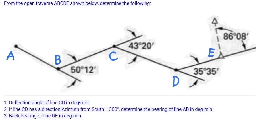From the open traverse ABCDE shown below, determine the following:
4
86°08'
43 20
A
E
B.
50 12'
35 35
D
1. Deflection angle of line CD in deg-min.
2. If line CD has a direction Azimuth from South = 300°, determine the bearing of line AB in deg-min.
3. Back bearing of line DE in deg-min.
%3D
