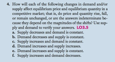 4. How will each of the following changes in demand and/or
supply affect equilibrium price and equilibrium quantity in a
competitive market; that is, do price and quantity rise, fall,
or remain unchanged, or are the answers indeterminate be-
cause they depend on the magnitudes of the shifts? Use sup-
ply and demand to verify your answers. LO3.5
a. Supply decreases and demand is constant.
b. Demand decreases and supply is constant.
c. Supply increases and demand is constant.
d. Demand increases and supply increases.
e. Demand increases and supply is constant.
f. Supply increases and demand decreases.
