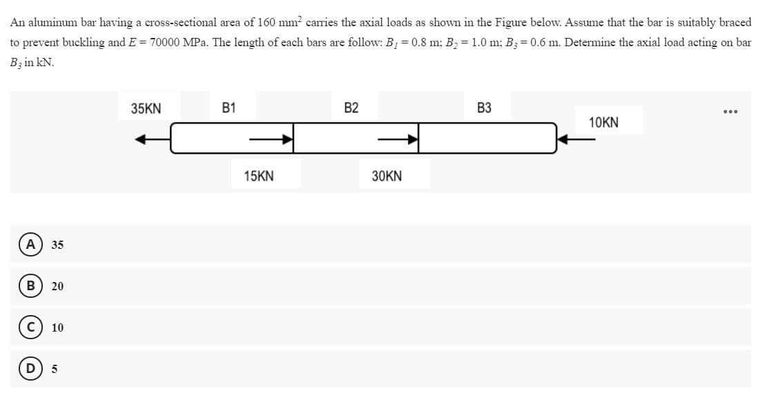 An aluminum bar having a cross-sectional area of 160 mm2 carries the axial loads as shown in the Figure below. Assume that the bar is suitably braced
to prevent buckling and E = 70000 MPa. The length of each bars are follow: B, = 0.8 m; B, = 1.0 m; B3 = 0.6 m. Determine the axial load acting on bar
Bz in kN.
35KN
В1
B2
B3
10KN
15KN
30KN
A) 35
В
20
10
