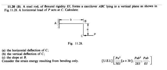 11.20 (B). A steel rod, of flexural rigidity El, forms a cantilever ABC lying in a vertical plane as shown in
Fig. 11.28. A horizontal load of P acts at C. Calculate:
Fig. 11.28.
(a) the horizontal deflection of C;
(b) the vertical deflection of C;
(c) the slope at B.
Consider the strain energy resulting from bending only.
Pa²
3EI
Pab² Pab
2EI EI
[U.E.I.]
[a+36];