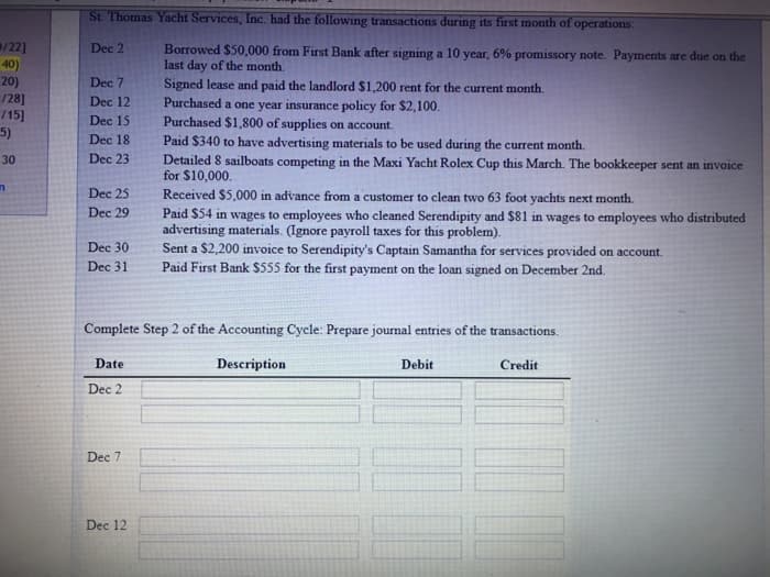 St. Thomas Yacht Services, Inc. had the following transactions during its first month of operations:
/22]
Dec 2
Borrowed $50,000 from First Bank after signing a 10 year, 6% promissory note. Payments are due on the
last day of the month.
40)
20)
/28]
/15]
Dec 7
Signed lease and paid the landlord $1,200 rent for the current month.
Dec 12
Purchased a one year insurance policy for $2,100.
Purchased $1,800 of supplies on account.
Paid $340 to have advertising materials to be used during the current month.
Detailed 8 sailboats competing in the Maxi Yacht Rolex Cup this March. The bookkeeper sent an invoice
for $10,000.
Received $5,000 in advance from a customer to clean two 63 foot yachts next month.
Paid $54 in wages to employees who cleaned Serendipity and $81 in wages to employees who distributed
advertising materials. (Ignore payroll taxes for this problem).
Sent a $2,200 invoice to Serendipity's Captain Samantha for services provided on account.
Paid First Bank $555 for the first payment on the loan signed on December 2nd.
Dec 15
5)
Dec 18
30
Dec 23
Dec 25
Dec 29
Dec 30
Dec 31
Complete Step 2 of the Accounting Cycle: Prepare journal entries of the transactions.
Date
Description
Debit
Credit
Dec 2
Dec 7
Dec 12
