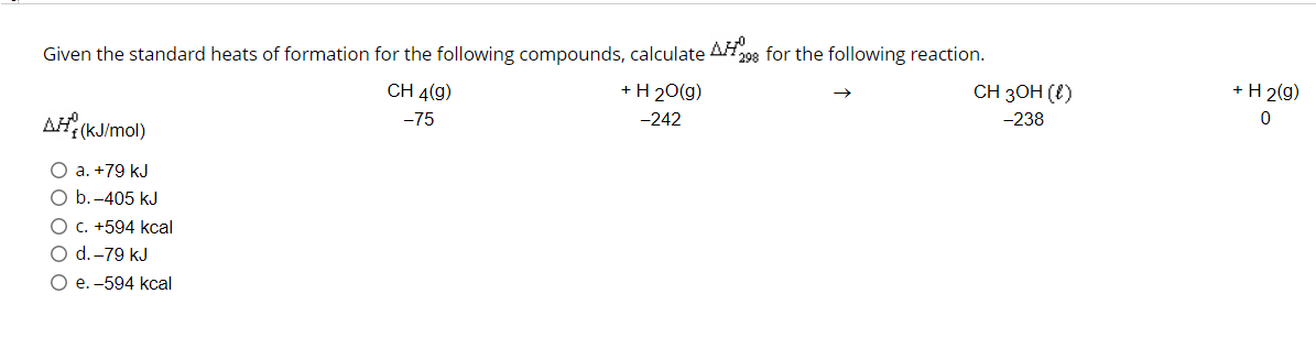 Given the standard heats of formation for the following compounds, calculate AH
208 for the following reaction.
CH 4(9)
+H 20(g)
CH 3ОН (€)
+ H 2(g)
AH (KJ/mol)
-75
-242
-238
O a. +79 kJ
O b.-405 kJ
O c. +594 kcal
O d.-79 kJ
Ое. -594 kcal
