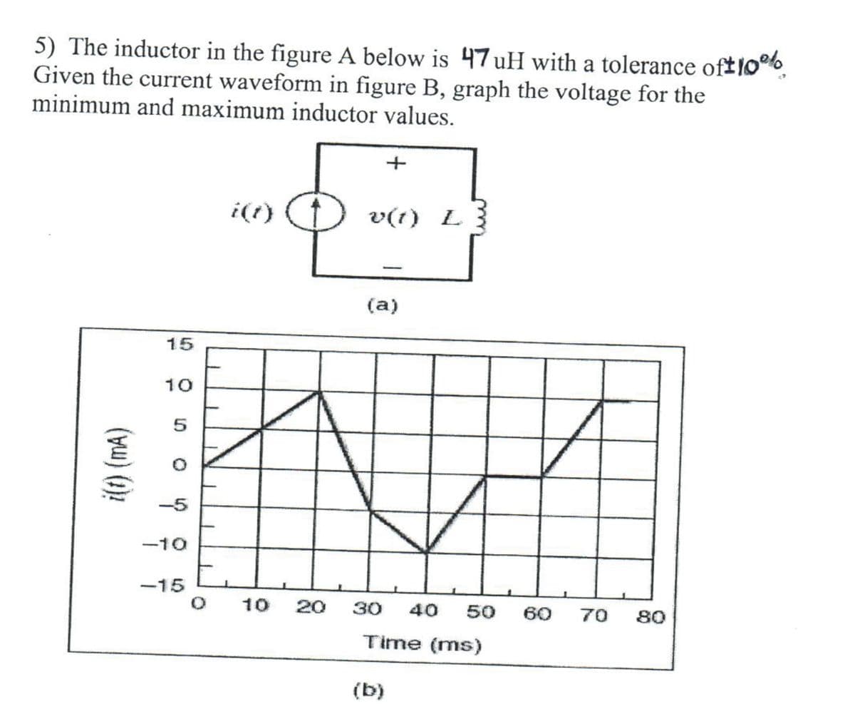5) The inductor in the figure A below is 47 uH with a tolerance oftlo
Given the current waveform in figure B, graph the voltage for the
minimum and maximum inductor values.
i(t) (mA)
15
5
-10
-15
20
v(1) L
(a)
30 40 50 60
Time (ms)
(b)
70 80