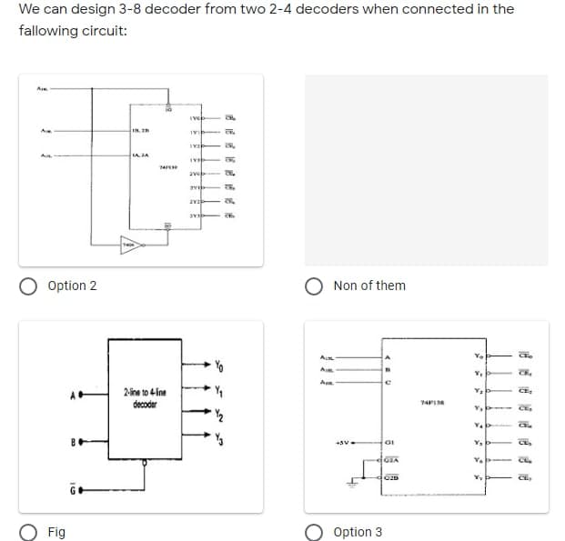 We can design 3-8 decoder from two 2-4 decoders when connected in the
fallowing circuit:
A
Ive
Iv
LA JA
ave 29.
IAE
Option 2
Non of them
A
Yo
A
A
e
2-ine to 4 ine
decoder
74I
Fig
O Option 3
