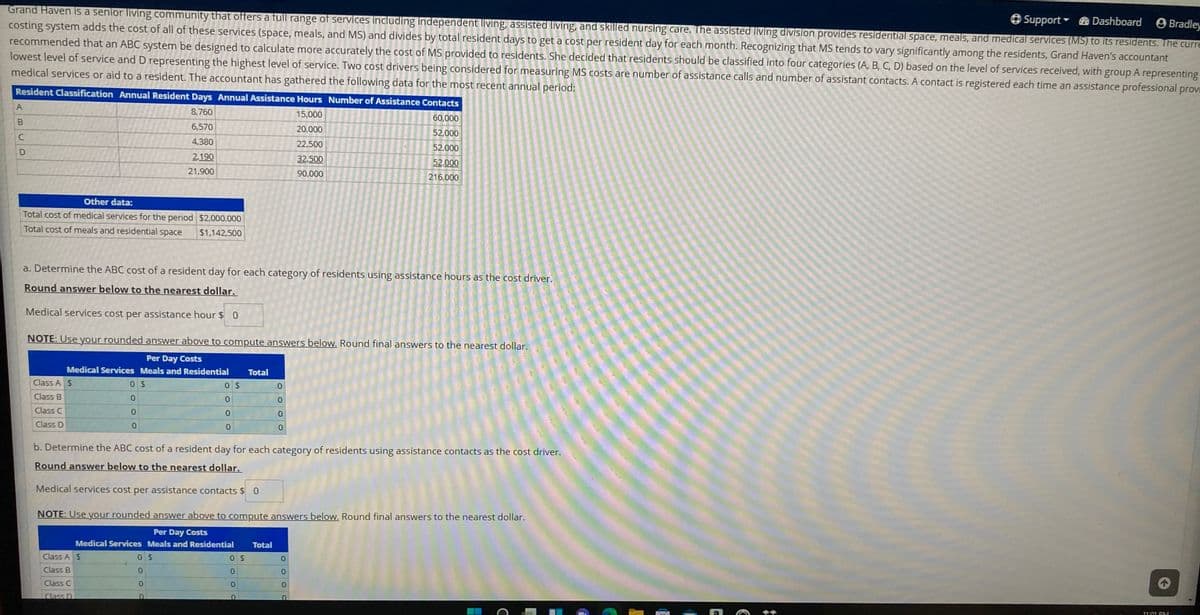 Grand Haven is a senior living community that offers a full range of services including independent living, assisted living, and skilled nursing care. The assisted living division provides residential space, meals, and medical services (MS) to its residents. The curre
costing system adds the cost of all of these services (space, meals, and MS) and divides by total resident days to get a cost per resident day for each month. Recognizing that MS tends to vary significantly among the residents, Grand Haven's accountant
recommended that an ABC system be designed to calculate more accurately the cost of MS provided to residents. She decided that residents should be classified into four categories (A, B, C, D) based on the level of services received, with group A representing
lowest level of service and D representing the highest level of service. Two cost drivers being considered for measuring MS costs are number of assistance calls and number of assistant contacts. A contact is registered each time an assistance professional provi
medical services or aid to a resident. The accountant has gathered the following data for the most recent annual period:
O Support- & Dashboard
O Bradley,
Resident Classification Annual Resident Days Annual Assistance Hours Number of Assistance Contacts
A
8,760
15,000
60,000
B
6,570
20,000
52,000
4,380
22,500
52,000
2.190
32,500
52,000
21,900
90,000
216,000
Other data:
Total cost of medical services for the period $2,000,000
Total cost of meals and residential space
$1,142,500
a. Determine the ABC cost of a resident day for each category of residents using assistance hours as the cost driver.
Round answer below to the nearest dollar.
Medical services cost per assistance hour $ 0
NOTE: Use your rounded answer above to compute answers below. Round final answers to the nearest dollar.
Per Day Costs
Medical Services Meals and Residential
Total
Class A $
Class B
0.
Class C
0.
Class D
0.
b. Determine the ABC cost of a resident day for each category of residents using assistance contacts as the cost driver.
Round answer below to the nearest dollar.
Medical services cost per assistance contacts $ 0
NOTE: Use your rounded answer above to compute answers below. Round final answers to the nearest dollar.
Per Day Costs
Medical Services Meals and Residential
Total
Class A $
0.
Class B
0.
0.
Class C
0.
Class D
11:01 PM
