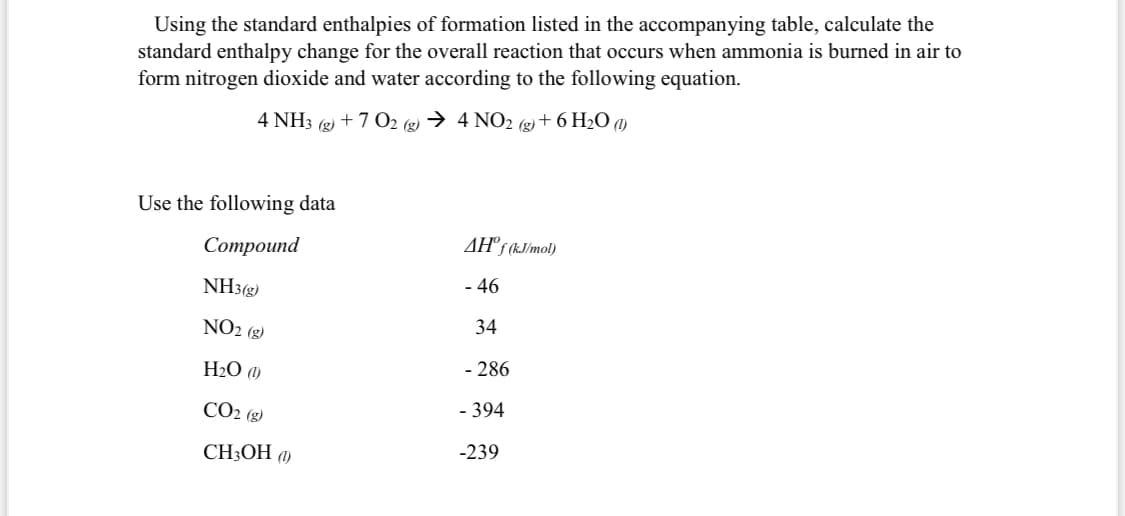 Using the standard enthalpies of formation listed in the accompanying table, calculate the
standard enthalpy change for the overall reaction that occurs when ammonia is burned in air to
form nitrogen dioxide and water according to the following equation.
4 NH3 (g) + 7 O2 (g) → 4 NO2 (g)+ 6 H2O (1)
Use the following data
Соmpound
AH°5 (kJ/mol)
NH3(g)
- 46
NO2 (2)
34
H2O (1)
- 286
CO2 (2)
- 394
CH;OH (1)
-239
