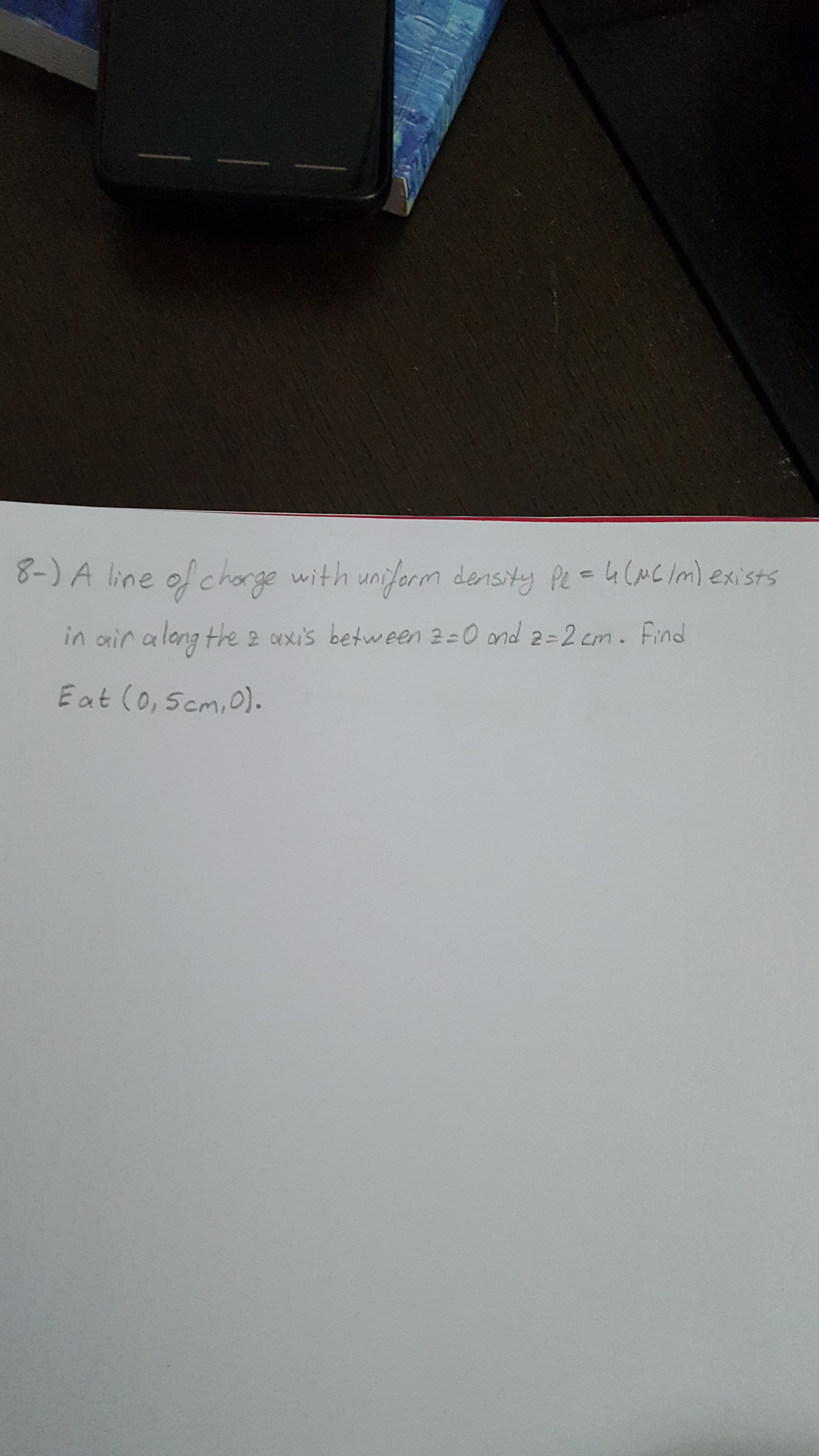 DA line of chorge with uniform density Pe =4(MC/m) exists
in air along the 2 axis between 2-0 ond 2-2 cm. find
Eat (0, 5cm,0).
