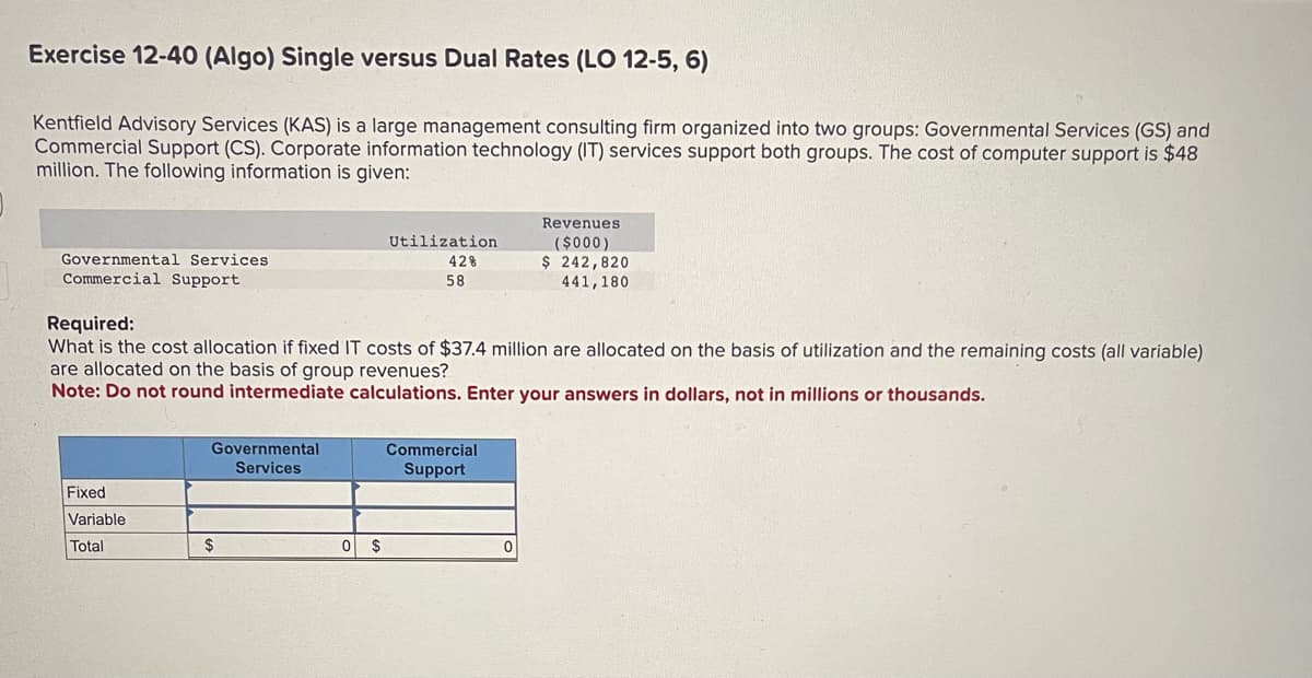 Exercise 12-40 (Algo) Single versus Dual Rates (LO 12-5, 6)
Kentfield Advisory Services (KAS) is a large management consulting firm organized into two groups: Governmental Services (GS) and
Commercial Support (CS). Corporate information technology (IT) services support both groups. The cost of computer support is $48
million. The following information is given:
Governmental Services
Commercial Support
Fixed
Variable
Total
Required:
What is the cost allocation if fixed IT costs of $37.4 million are allocated on the basis of utilization and the remaining costs (all variable)
are allocated on the basis of group revenues?
Note: Do not round intermediate calculations. Enter your answers in dollars, not in millions or thousands.
Governmental
Services
$
Utilization
42%
58
0 $
Commercial
Support
Revenues
($000)
$ 242,820
441,180
0