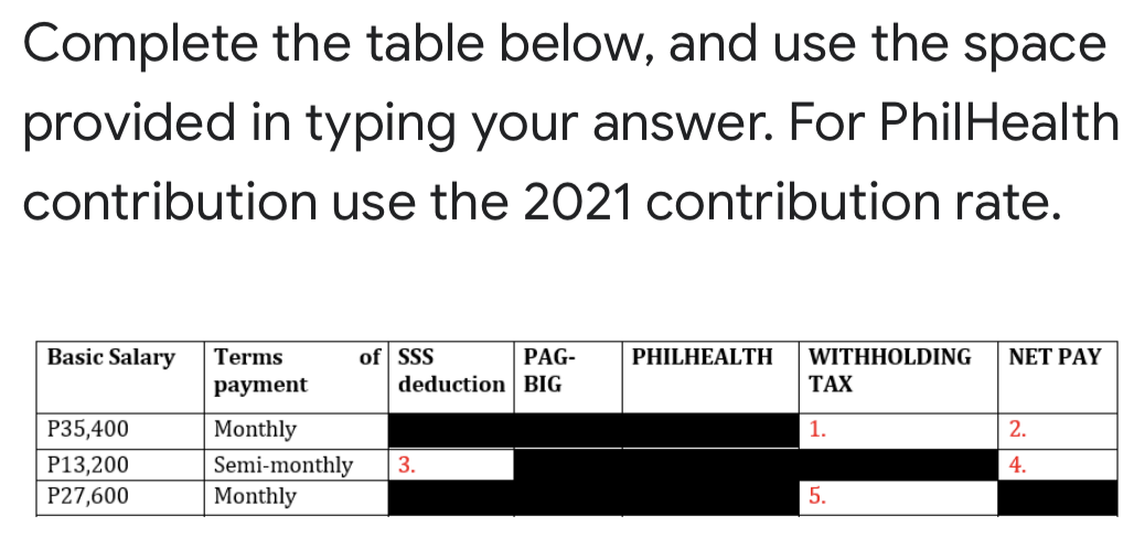 Complete the table below, and use the space
provided in typing your answer. For PhilHealth
contribution use the 2021 contribution rate.
Basic Salary
of SSS
deduction BIG
WITHHOLDING
ТАX
Terms
PAG-
PHILHEALTH
NET PAY
рayment
P35,400
Monthly
1.
2.
Semi-monthly
Monthly
P13,200
3.
4.
P27,600
5.
