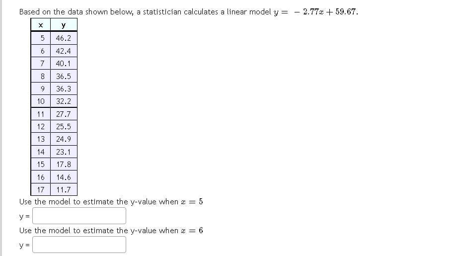Based on the data shown below, a statistician calculates a linear model y = - 2.77x+59.67.
X
y
46.2
42.4
40.1
36.5
36.3
32.2
27.7
25.5
24.9
23.1
15
17.8
16
14.6
17
11.7
Use the model to estimate the y-value when * = 5
y =
Use the model to estimate the y-value when = 6
y =
5
6
7
8
9
1011-12-13|14
13