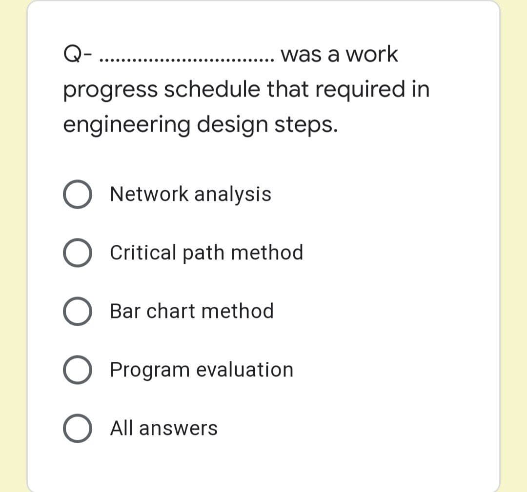 Q-
was a work
.... ...
.... ..
progress schedule that required in
engineering design steps.
O Network analysis
Critical path method
Bar chart method
Program evaluation
All answers
