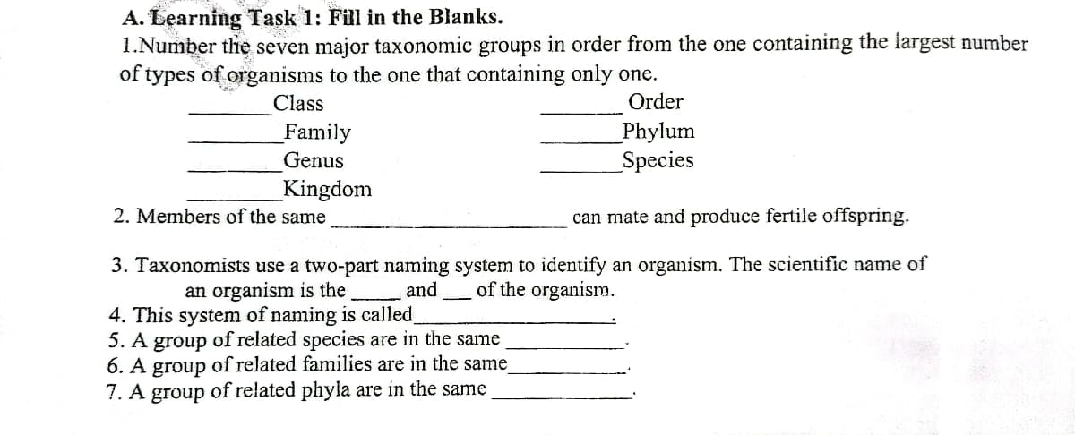 A. Learning Task 1: Fill in the Blanks.
1.Number the seven major taxonomic groups in order from the one containing the largest number
of types of organisms to the one that containing only one.
Class
Order
Phylum
Family
Genus
Species
Kingdom
2. Members of the same
can mate and produce fertile offspring.
3. Taxonomists use a two-part naming system to identify an organism. The scientific name of
and of the organism.
an organism is the
4. This system of naming is called_
5. A group of related species are in the same
6. A group of related families are in the same
7. A group of related phyla are in the same