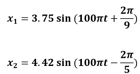 x₁ = 3.75 sin (100πt +
X1
x₂ = 4.42 sin (100πt
2π
9
2π
5