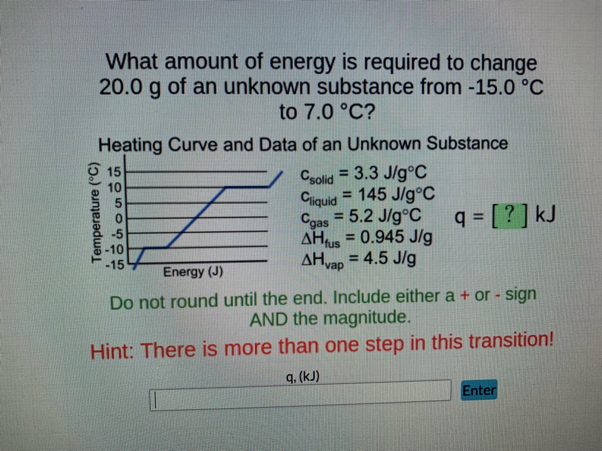 What amount of energy is required to change
20.0 g of an unknown substance from -15.0 °C
to 7.0 °C?
Heating Curve and Data of an Unknown Substance
Csolid = 3.3 J/g°C
Cliquid = 145 J/g°C
Cgas = 5.2 J/g °C
AHfus = 0.945 J/g
AHvap = 4.5 J/g
q = [?] kJ
-10
-15
Energy (J)
Do not round until the end. Include either a + or - sign
AND the magnitude.
Hint: There is more than one step in this transition!
q, (kJ)
Enter
Temperature (°C)
SOSOSOS
10