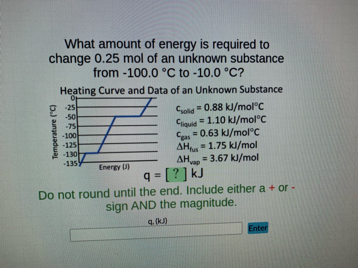What amount of energy is required to
change 0.25 mol of an unknown substance
from -100.0 °C to -10.0 °C?
Heating Curve and Data of an Unknown Substance
0
-25
+ solid = 0.88 kJ/molºC
-50
-75
Cliquid 1.10 kJ/mol C
www
-100
-125
-130
-135
Cgas 0.63 kJ/mol°C
= 1.75 kJ/mol
AH fus
AHvap = 3.67 kJ/mol
Energy (J)
q = [?] kJ
Do not round until the end. Include either a + or -
sign AND the magnitude.
q, (kJ)
Enter
Temperature (°C)