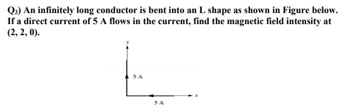 Q3) An infinitely long conductor is bent into an L shape as shown in Figure below.
If a direct current of 5 A flows in the current, find the magnetic field intensity at
(2, 2, 0).
5 A
