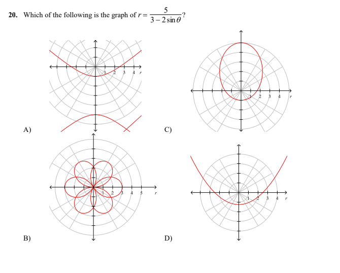 5
20. Which of the following is the graph of r =
3 – 2 sin e
4
A)
C)
B)
D)
