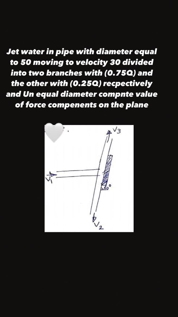 Jet water in pipe with diameter equal
to 50 moving to velocity 30 divided
into two branches with (0.75Q) and
the other with (0.25Q) recpectively
and Un equal diameter compnte value
of force compenents on the plane
