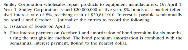Smiley Corporation wholesales repair products to equipment manufacturers. On April 1,
Year 1, Smiley Corporation issued $20,000,000 of five-year, 9% bonds at a market (effec-
tive) interest rate of 8%, receiving cash of $20,811,010. Interest is payable semiannually
on April 1 and October 1. Journalize the entries to record the following:
a. Issuance of bonds on April 1.
b. First interest payment on October 1 and amortization of bond premium for six months,
using the straight-line method. The bond premium amortization is combined with the
semiannual interest payment. Round to the nearest dollar.
