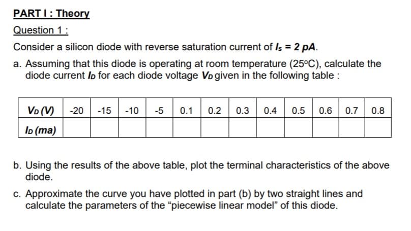 PART I: Theory
Question 1:
Consider a silicon diode with reverse saturation current of Is = 2 pA.
a. Assuming that this diode is operating at room temperature (25°C), calculate the
diode current Io for each diode voltage Vo given in the following table :
Vo (V) -20
0.1
0.5 0.6
-15
-10
-5
0.2
0.3
0.4
0.7
0.8
Io (ma)
b. Using the results of the above table, plot the terminal characteristics of the above
diode.
c. Approximate the curve you have plotted in part (b) by two straight lines and
calculate the parameters of the "piecewise linear model" of this diode.
