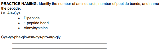 PRACTICE NAMING. Identify the number of amino acids, number of peptide bonds, and name
the peptide.
i.e. Ala-Cys
• Dipeptide
• 1 peptide bond
• Alanylcysteine
Cys-tyr-phe-gln-asn-cys-pro-arg-gly
