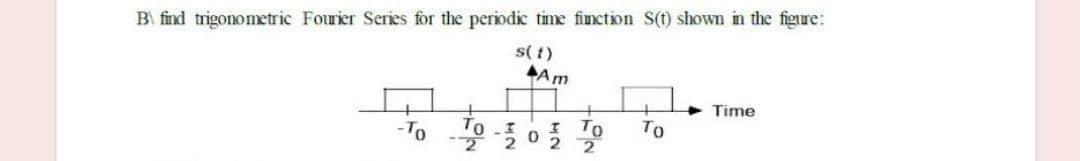 B find trigonometric Fourier Series for the periodic time finction S(t) shown in the figure:
s( t)
Am
+ Time
- To 0-5 0
TO
