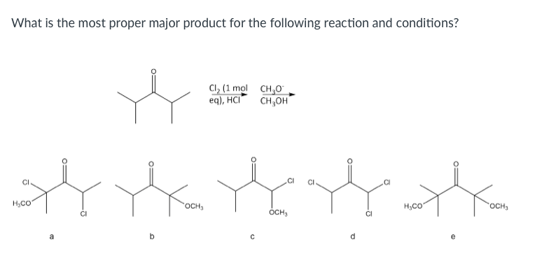 What is the most proper major product for the following reaction and conditions?
Cl, (1 mol CH,0
eq), HCI
CH,OH
CI
CI
H,CO
OCH3
H,CO
rOCH3
ÓCH,
a
b
