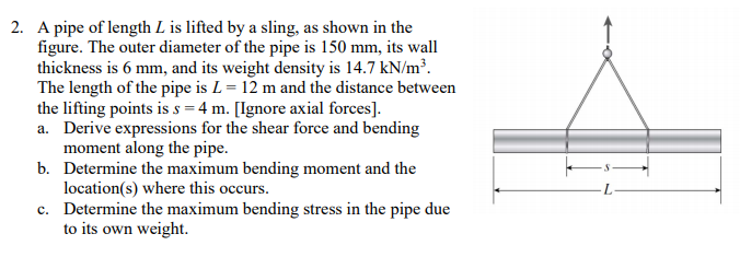 2. A pipe of length L is lifted by a sling, as shown in the
figure. The outer diameter of the pipe is 150 mm, its wall
thickness is 6 mm, and its weight density is 14.7 kN/m³.
The length of the pipe is L= 12 m and the distance between
the lifting points is s = 4 m. [Ignore axial forces].
a. Derive expressions for the shear force and bending
moment along the pipe.
b. Determine the maximum bending moment and the
location(s) where this occurs.
c. Determine the maximum bending stress in the pipe due
to its own weight.
