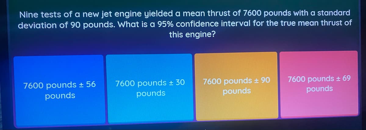 Nine tests of a new jet engine yielded a mean thrust of 7600 pounds with a standard
deviation of 90 pounds. What is a 95% confidence interval for the true mean thrust of
this engine?
7600 pounds ± 69
7600 pounds + 56
pounds
7600 pounds ± 90
pounds
7600 pounds ± 30
pounds
pounds
