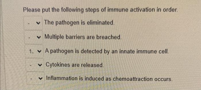 Please put the following steps of immune activation in order.
The pathogen is eliminated.
✓ Multiple barriers are breached.
1. A pathogen is detected by an innate immune cell.
✓
Cytokines are released.
Inflammation is induced as chemoattraction occurs.