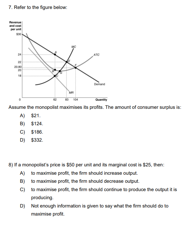 7. Refer to the figure below:
Revenue
and cost
per unit
$30
24
22
20.80
20
18
0
B
C) $186.
D)
$332.
62
MC
MR
104
Quantity
Assume the monopolist maximises its profits. The amount of consumer surplus is:
A) $21.
B) $124.
83
ATC
Demand
8) If a monopolist's price is $50 per unit and its marginal cost is $25, then:
A) to maximise profit, the firm should increase output.
B) to maximise profit, the firm should decrease output.
C) to maximise profit, the firm should continue to produce the output it is
producing.
D) Not enough information is given to say what the firm should do to
maximise profit.