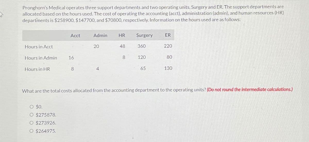 Pronghorn's Medical operates three support departments and two operating units, Surgery and ER. The support departments are
allocated based on the hours used. The cost of operating the accounting (acct), administration (admin), and human resources (HR)
departments is $258900, $147700, and $70800, respectively. Information on the hours used are as follows:
Acct
Admin
HR Surgery
ER
Hours in Acct
20
48
360
220
Hours in Admin
16
8
120
80
Hours in HR
8
4
65
130
What are the total costs allocated from the accounting department to the operating units? (Do not round the intermediate calculations.)
O $0.
O $275878.
O $273926.
O $264975.