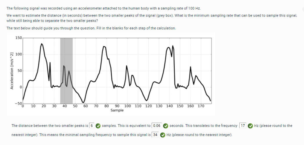 The following signal was recorded using an accelerometer attached to the human body with a sampling rate of 100 Hz.
We want to estimate the distance (in seconds) between the two smaller peaks of the signal (grey box). What is the minimum sampling rate that can be used to sample this signal,
while still being able to separate the two smaller peaks?
The text below should guide you through the question. Fill in the blanks for each step of the calculation.
150
100
50
-50
Дими
10 20 30 40 50 60 70 80 90 100 110 120 130 140 150 160 170
Sample
The distance between the two smaller peaks is 6 samples. This is equivalent to | 0.06
seconds. This translates to the frequency |17
Hz (please round to the
nearest integer). This means the minimal sampling frequency to sample this signal is 34
Hz (please round to the nearest integer).