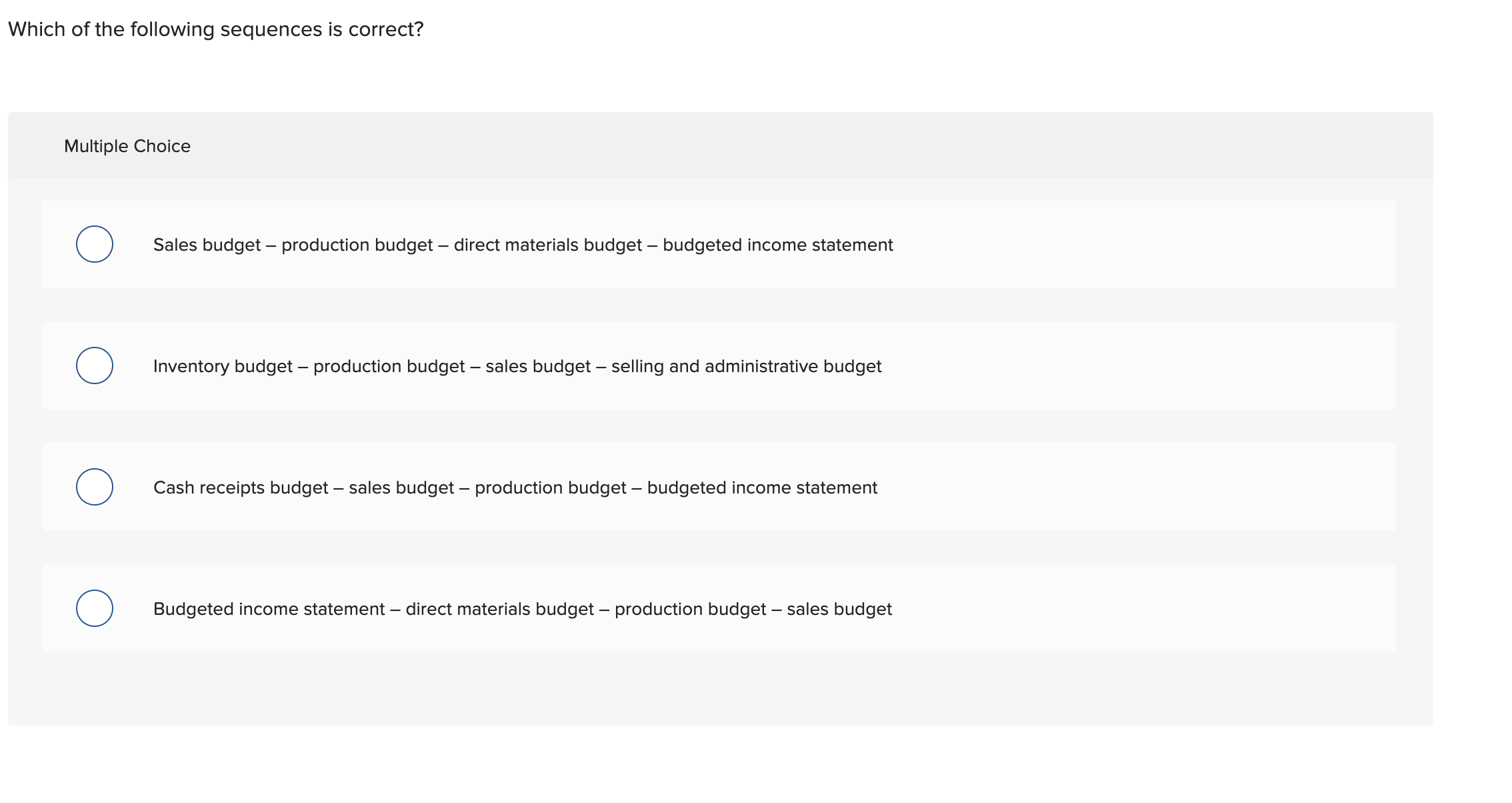 Which of the following sequences is correct?
Multiple Choice
Sales budget – production budget – direct materials budget – budgeted income statement
Inventory budget – production budget – sales budget – selling and administrative budget
Cash receipts budget – sales budget – production budget – budgeted income statement
Budgeted income statement – direct materials budget – production budget – sales budget
