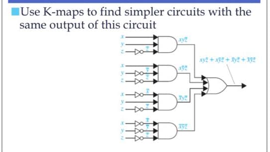 Use K-maps to find simpler circuits with the
same output of this circuit
KAN
Xyz
xyz + x2 + 3y2 +352