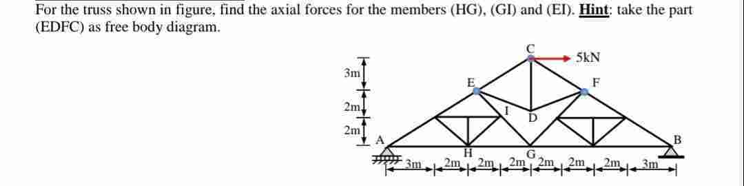 For the truss shown in figure, find the axial forces for the members (HG), (GI) and (EI). Hint: take the part
(EDFC) as free body diagram.
3m
2m.
2m]
3m 2m 2m
5kN
F
G
2m 2m 2m 2m
3m
