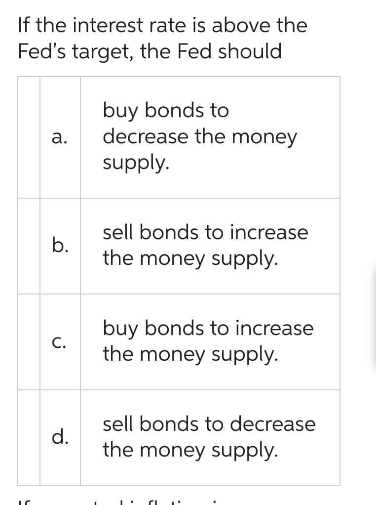 If the interest rate is above the
Fed's target, the Fed should
a.
b.
C.
d.
buy bonds to
decrease the money
supply.
sell bonds to increase
the money supply.
buy bonds to increase
the money supply.
sell bonds to decrease
the money supply.