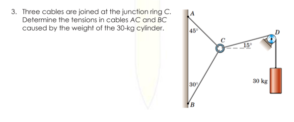 3. Three cables are joined at the junction ring C.
Determine the tensions in cables AC and BC
caused by the weight of the 30-kg cylinder.
45°
15°
30 kg
30

